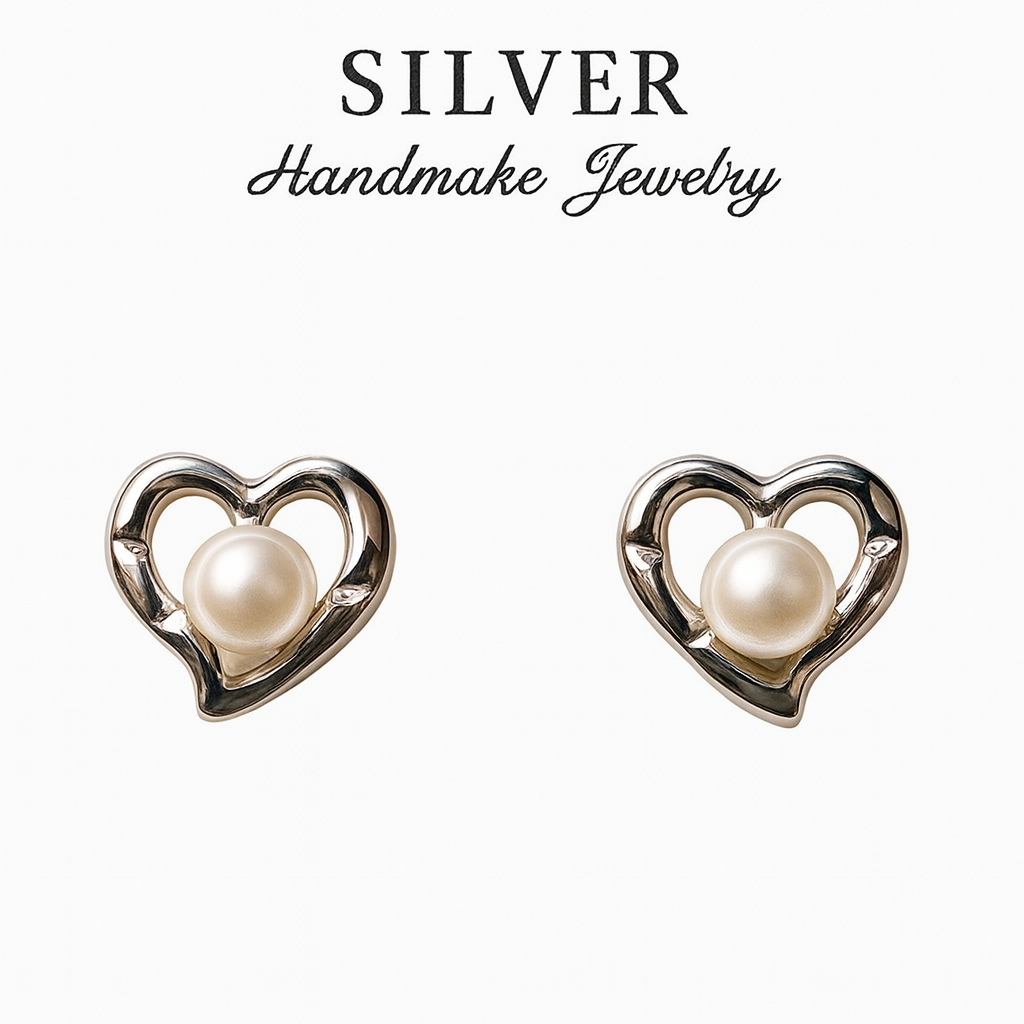 Sterling 92.5% Silver Heart Pearl Studs