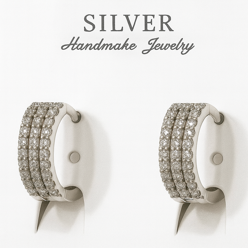 Triple Row Sterling 92.5% Silver Hoop Earrings