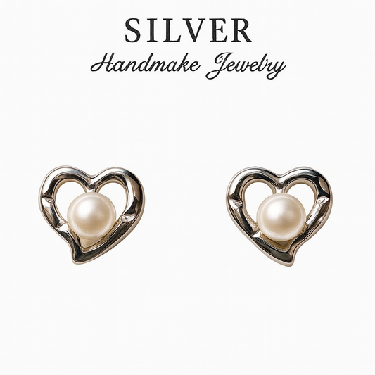 Sterling 92.5% Silver Heart Pearl Studs