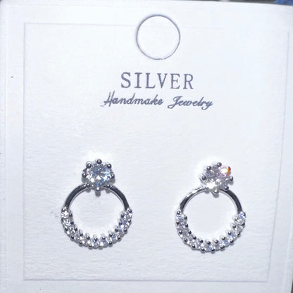 Crystal Halo 92.5% Sterling Silver Hoop Stud  Earrings